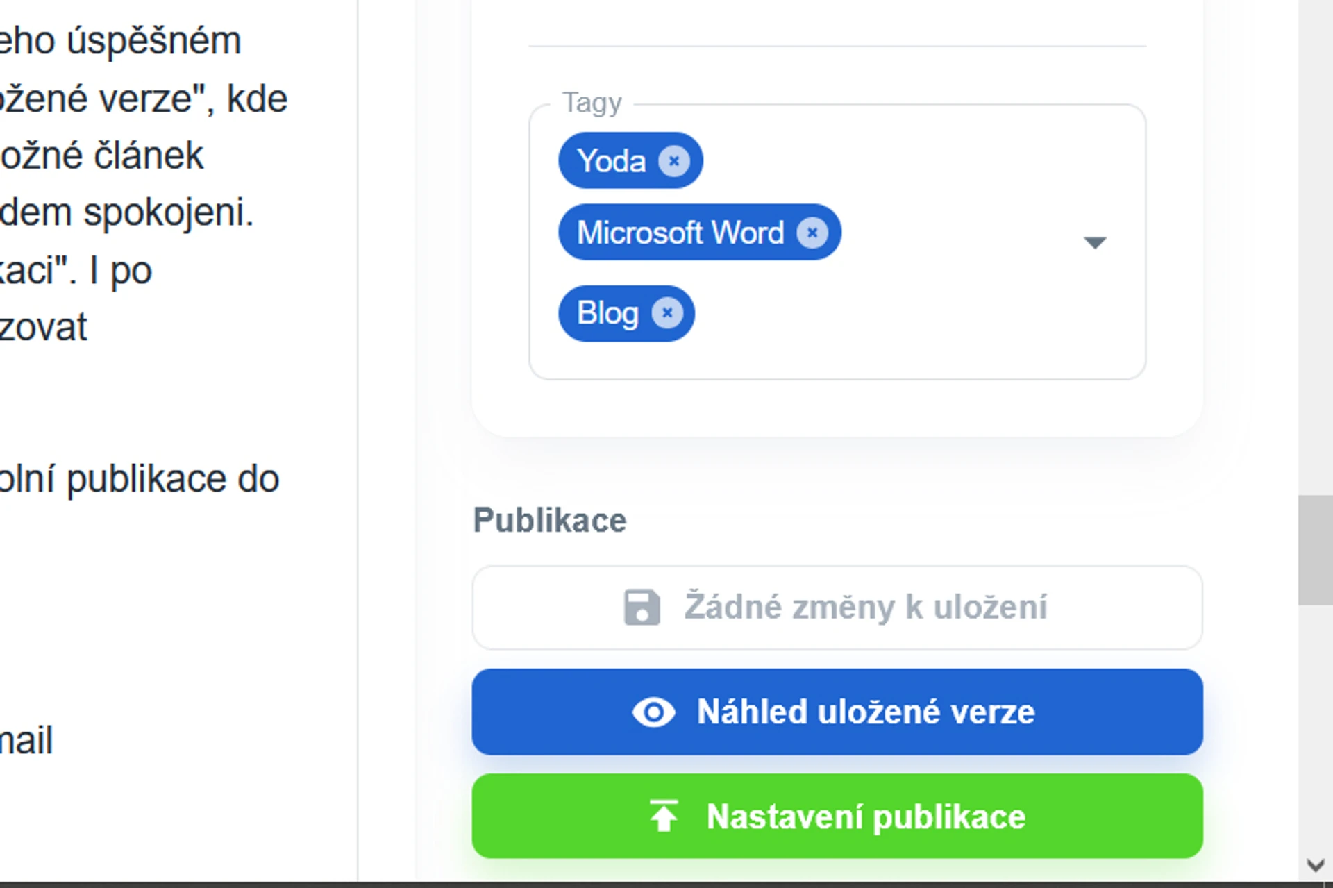 Tlačítka pro uložení, náhled a publikaci