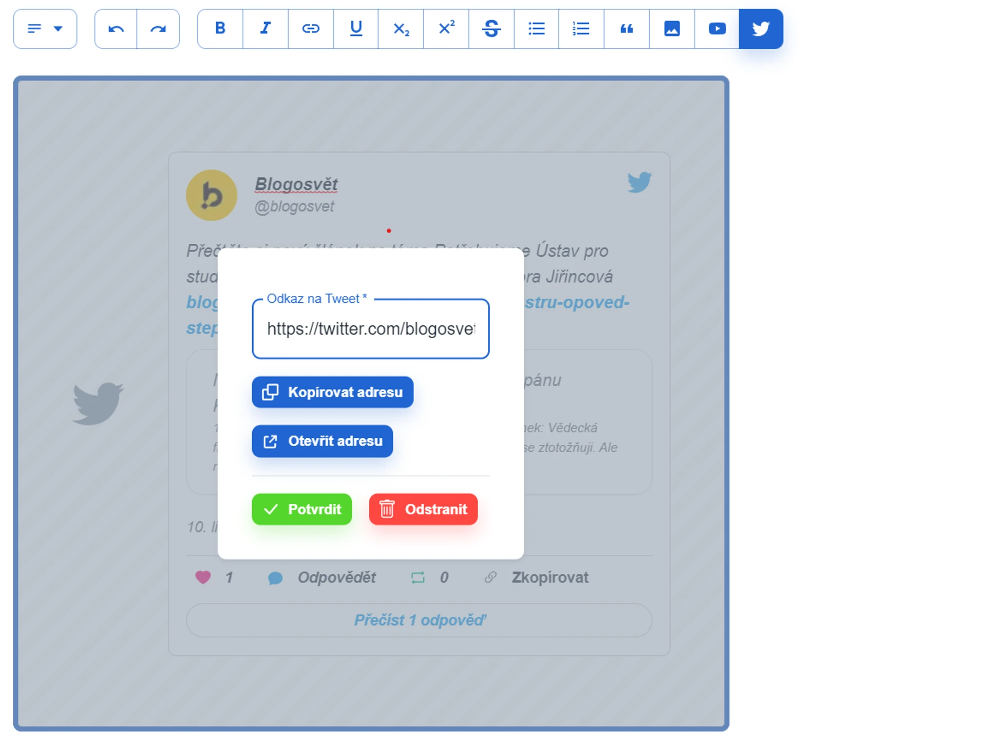 Vkládání tweetu do CoolCMS