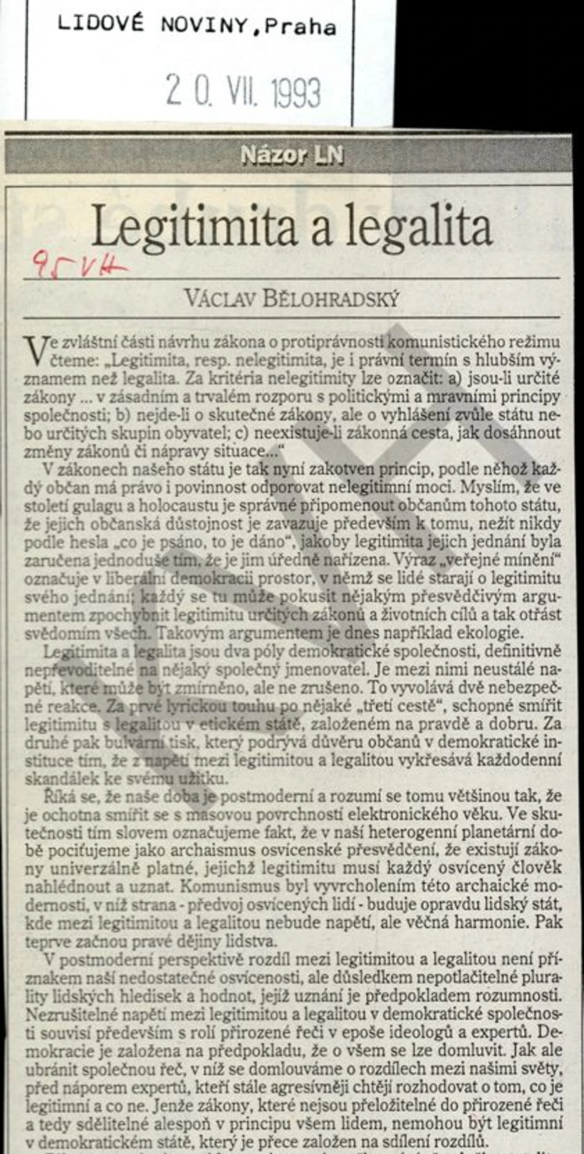 Václav Bělohradský, Lidové noviny, 20/7/1993 