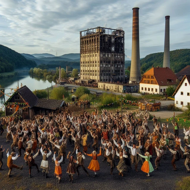 Rakouští vesničané tančí u ruiny elektrárny